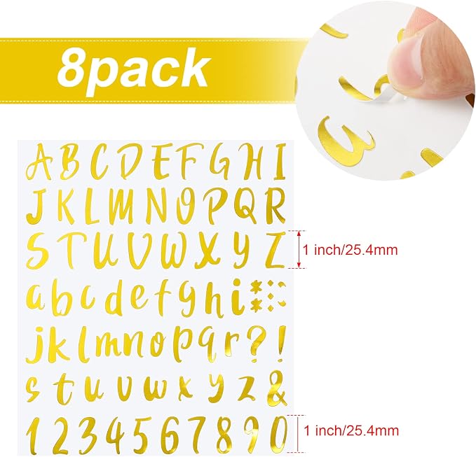 Outus 576 Pcs 8 Sheets Letters Stickers Vinyl Alphabet Number Decals Back to School Supplies for Water Bottles Cups Mailbox Scrapbooking Bulletin Board Classroom Decor(Gold,1 Inch) - Image 2