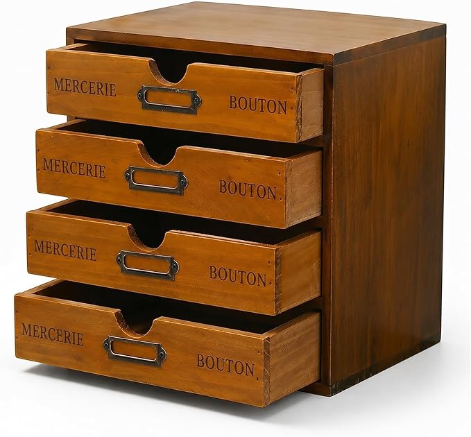 Modular Stackable Apothecary Cabinet 4 Drawer Desk Organizer - Retro Library Card Catalog Wood Storage Box - Organize Stationery, Thread Embroidery, Sewing, Crafts, Junk Drawer & Supplies Countertop by PrimoSupply