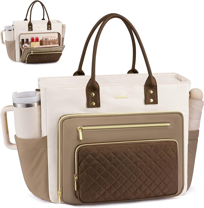 LOVEVOOK Teacher Tote Bag for Women Work, Laptop Bag With Large Cup Holder, Nurse Bags Professional Briefcase Business Computer Purses Handbag Gifts,Khaki-Beige-Coffee,15.6 Inch by LOVEVOOK
