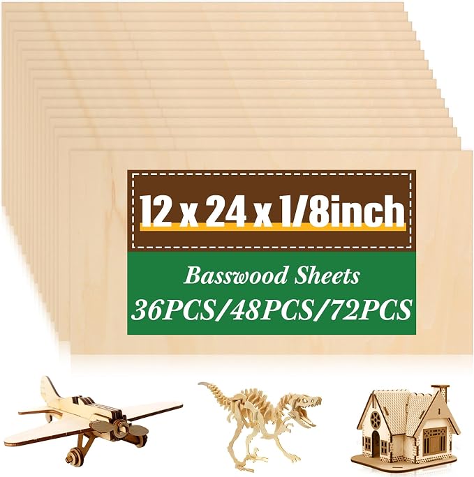 Riakrum Basswood Sheets Plywood Board Unfinished Wood Boards for Crafts for DIY Laser Projects Architectural Mini House Building Hobby Model Making(12 x 24 x 1/8 Inch,48) by Riakrum