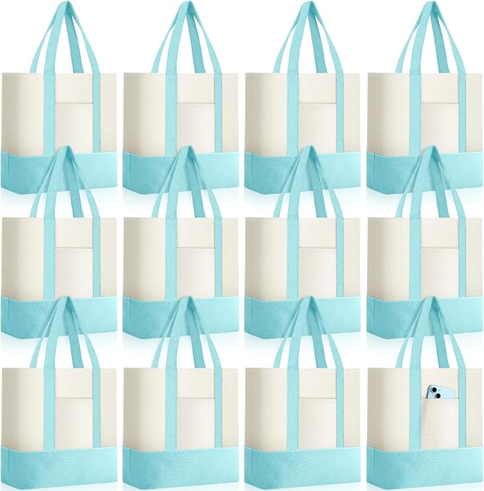 Sanwuta 12 Pcs Mini Canvas Tote Bags Bulk with Pocket Small Sublimation Blank Canvas Tote Reusable Grocery Bag for Women, DIY Craft (Light Blue) by Sanwuta