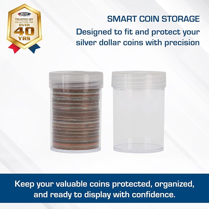 BCW Coin Tubes for Silver Dollars - 98ct | Holds Eisenhower Dollar | Durable Plastic Tube Coin Holders | Coin Collecting Supplies | Coin Storage Tubes with Airtight Lids - Image 2
