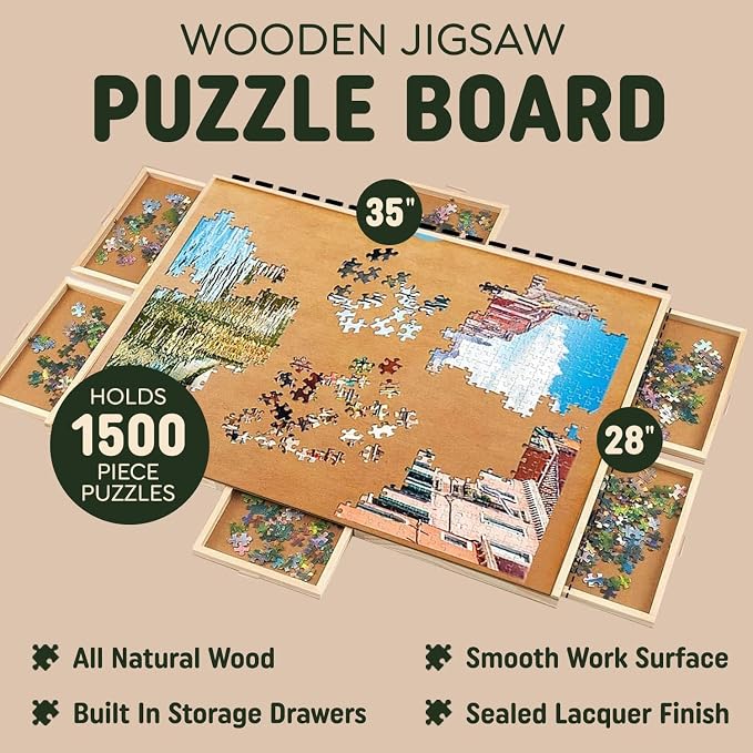 1500 Piece Wooden Jigsaw Puzzle Board - 6 Drawers, Preassembled Rotating Puzzle Table | 35” X 28” Jigsaw Puzzle Board | Puzzle Cover Included - Portable Tables for Adults and Kids | 6 Drawers, Preassembled Rotating Design, Puzzle Cover Included, Portab... - Image 2