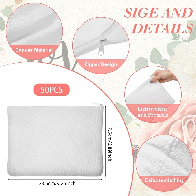 Frienda 50 Pcs Sublimation Blank Canvas Makeup Bags Bulk DIY Heat Transfer Canvas Pen Case Pencil Cosmetic Makeup Bags Clear Sublimation Blank Pouch with Zipper (9 x 6.89 Inch,White) - Image 2