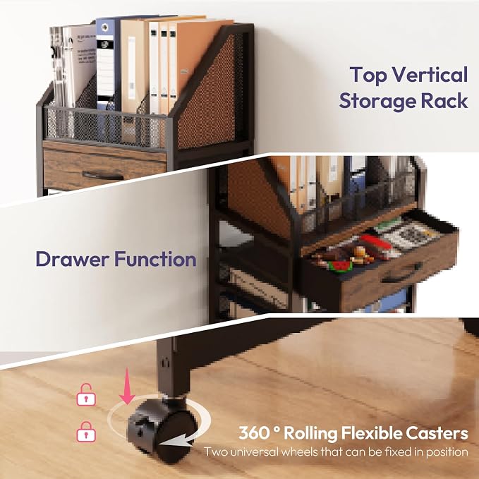 SWTYMIKI 9-Tier Rolling File Cart - Paper Organizer with Drawer and Trays, Wood Desk Office Organizer, Office Organization and Binder Storage for Workspace, Home, School, Espresso - Image 8