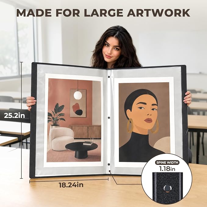 JoyCat 18 x 24 Art Portfolio Binder, 30 Pockets Display 60 Pages, Black | Acid free 30 pocket portfolio displays up to 60 pages and stores large artwork, drawings, and posters up to 18 x 24 in - Image 2