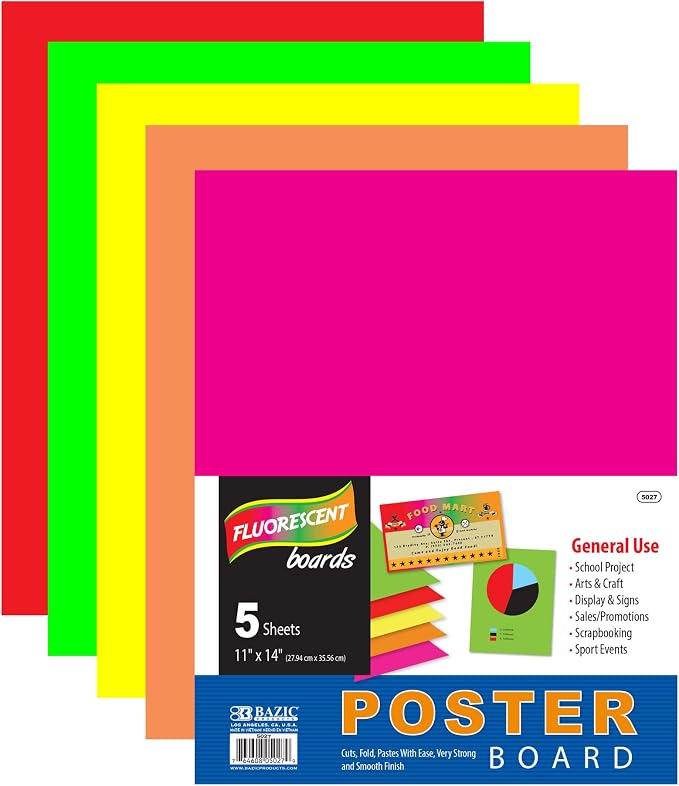 BAZIC Products Fluorescent Color Poster Board, 11 x 14 in, 5 Ct, 48-Case | Smooth matte acid-free surface for school projects, Pack of 5 assorted fluorescent color poster board sheets by BAZICProducts