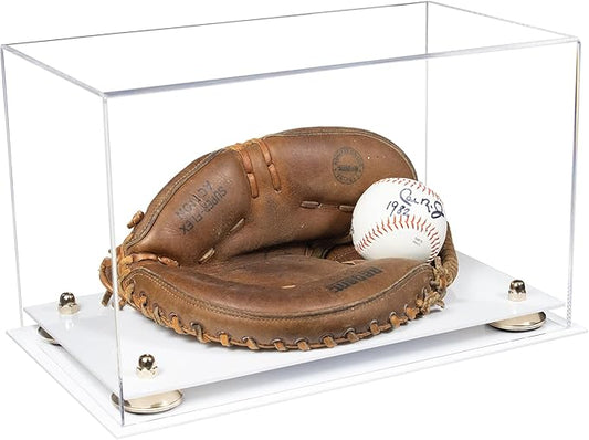 Better Display Cases Acrylic Catchers Glove Display Case with Clear Case, Gold Risers and White Base 14" x 8" x 8.5" (V16/A011)