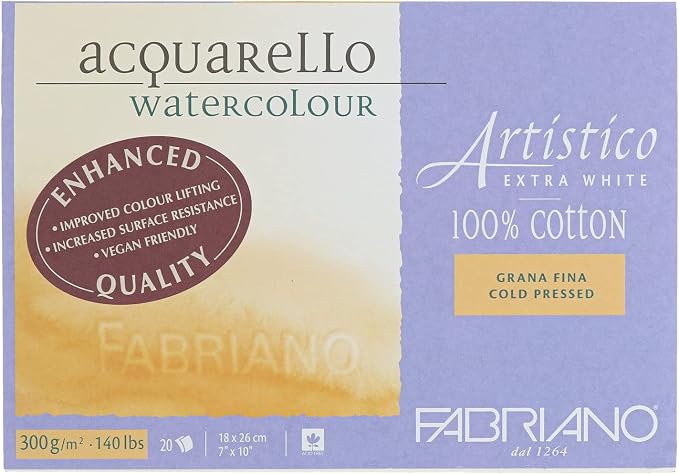 Fabriano Artistico Extra White Watercolor Block, 140 lb./300 GSM, Cold Press, 20 Sheets, 7" x 10" by Fabriano