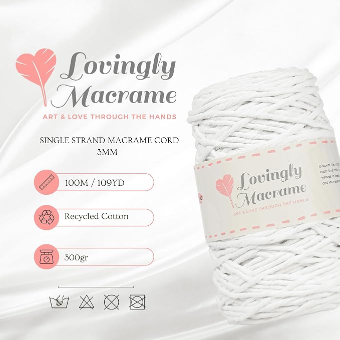 Lovingly Macrame Single Strand Macrame Cord – 3mm Macrame Cord for Handmade Products & DIY Projects - Cotton Cording for Crafts, Dream Catchers, Boho Decor, Plant Hangers - 357ft (109yds) - White - Image 3