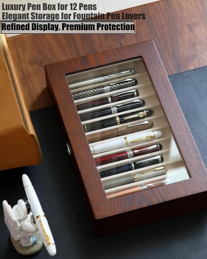 12-Slot Fountain Pen Collector Case – Lockable Wooden Organizer with Glass Display Top, Premium Storage Box for Writing Instruments and Gift for Men - Image 2