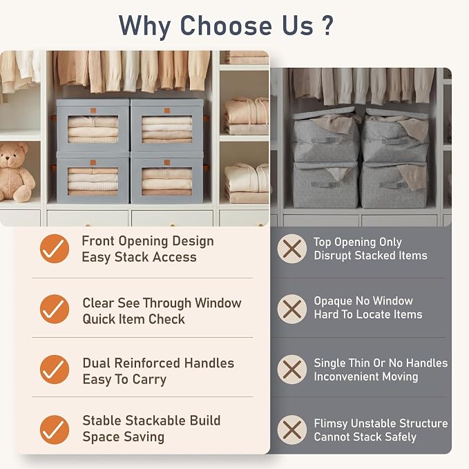 DIMJ Storage Bins with Lids - 5 Pack Front Opening Stackable Fabric Storage Boxes with Clear Window & Handles, Collapsible Closet Organizers for Clothes, Sweaters, Shelf Storage, Bedroom, Gray - Image 3