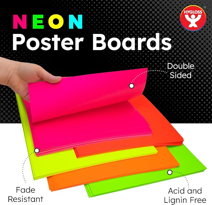Hygloss Medium Poster Board 11x14 - 100 Assorted Neon Color Bulk Pack - 10 Pt. Thickness Colored Poster Board Paper for Projects, Signs, Displays - Posterboard Multipack 11" x 14" - Image 2