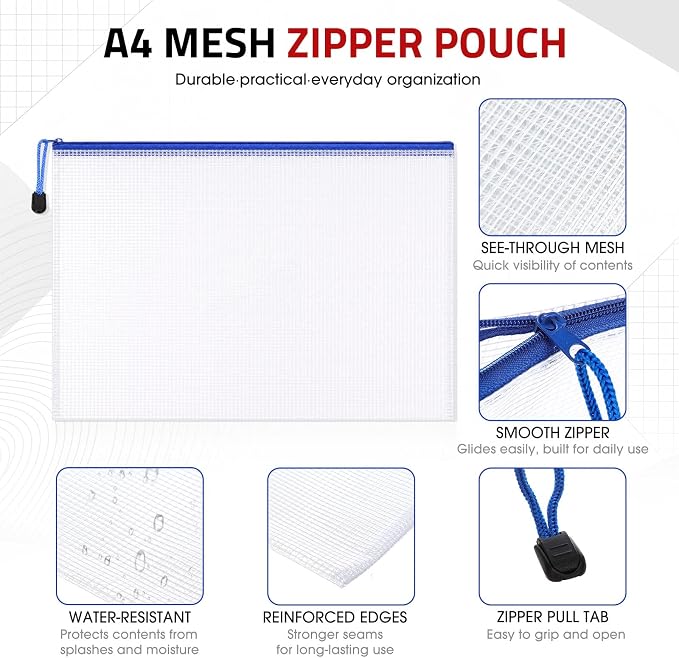 Zhehao 500 Pcs A4 Mesh Zipper Pouch Bags Bulk 13.2 x 9.5 Inches,White | Large Clear Pencil File Storage Bags Waterproof Mesh Zipper Organizer for School Office Travel Organization Puzzle Supplies - Image 3