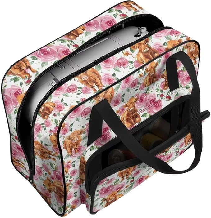 Sewing Machine Dust Bag Large Capacity Tote Bag Universal Sewing Machine Storage and Organizer Case with Soft Cushion and 4 Bottom Rubber Pads, Highland Cattle Rose - Image 7
