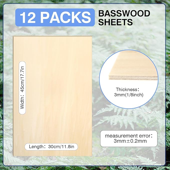 12 Pack Basswood Sheets for Crafts 12 x 18 x 1/8 in, 3mm Thick Unfinished Plywood for Laser Cutting & Engraving, DIY Ornaments and Architectural Model - Image 2