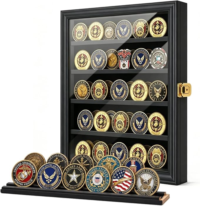 Military Challenge Coin Display Case Lockable Cabinet Rack Holder Shadow Box with Removable 2 Grooves Shelves and Anti Dust Door for Casino Poker Chips Collectibles, Small - Black by Jinchuan