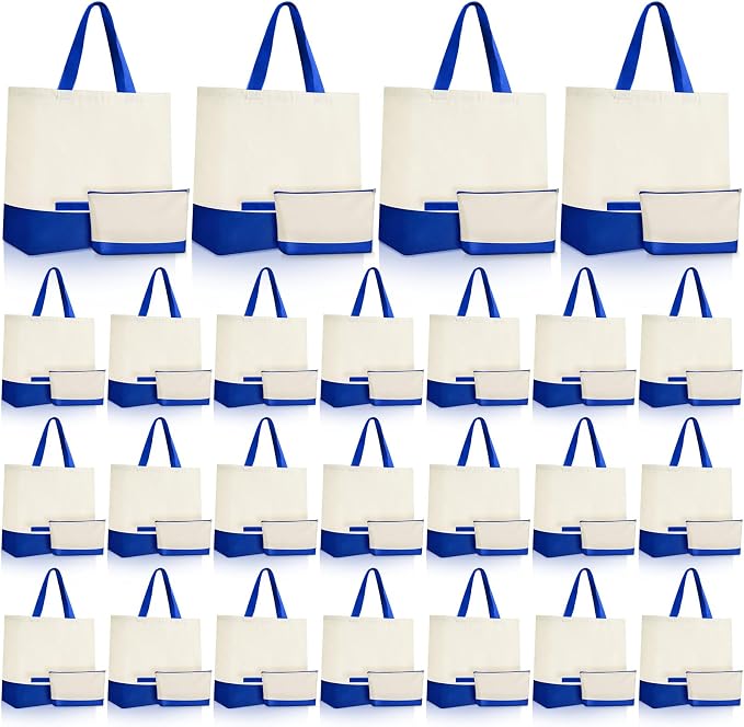 Sanwuta 16 Pcs Canvas Tote Bags Bulk with Zipper Cosmetic Pouch,Blue | 18.5" Reusable Cotton Shopping Bag with Handle for DIY Craft by Sanwuta