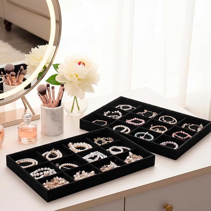 Cinnvoice 4 Pcs Stackable Jewelry Organizer Tray, 12 Grids Velvet Bracelet Ring Necklace Tray, Jewelry Organizer Trays for Drawer Display Selling Bangle Necklace Earring Showcase Storage(Black) - Image 6