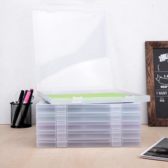 CraftGenes 12x12 Scrapbook Paper Storage, 6 Pack Stackable Containers | Clear PP; 13.58 x 12.4 x 1.1 in; Integrated U-Latch; Fits Cardstock, Vinyl Sheets, Stickers and Die Cuts - Image 8