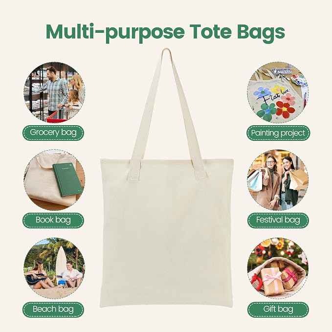 Carbrea 12 Pack Thin Canvas Tote Bags Bulk, Reusable Grocery Bags - Beige | Lightweight, 5oz Natural Canvas, Reinforced Stitches, Blank Design, Ideal for Shopping DIY Sublimation Activity Gift - Image 7