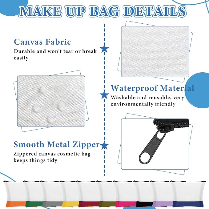 20 Pcs Large Canvas Tote Bag and Makeup Bags Bulk ReusableTote | Sublimation Blank Grocery Shopping Bags and Zipper Cosmetic Bags for Women DIY Craft Gift Travel Supplies, 10 Colors - Image 6