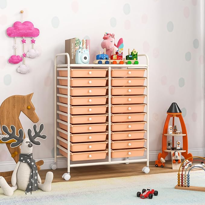 DREAMADE Rolling Cart with Storage Drawers, Utility Cart w/Removable Plastic Drawers, Lockable Wheels, Art Cart for Classroom Organization Art Supplies Office Scrapbook (20 Drawers, Peach) - Image 8