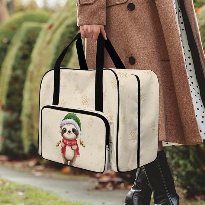 Sewing Machine Storage Bag Large Capacity Appliance Dust Bag Universal Versatile Travel Tote Bag Portable Sewing Machine Organizer Bag, Sloth Holly Santa Hat Scarf Snowflake Beige - Image 3