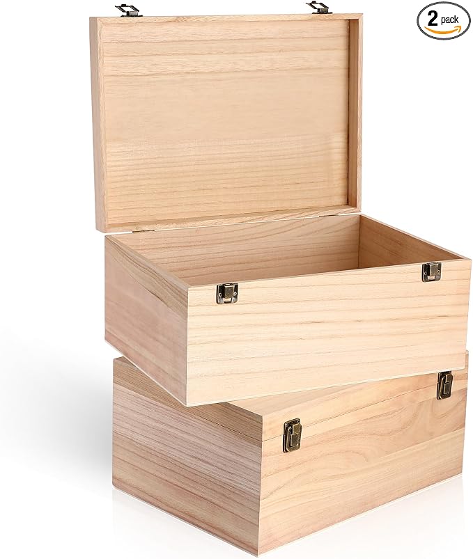 Wesiti 2 Pcs Unfinished Wooden Box 14 x 10 x 6.5 Inch Treasure Chest Craft Box with Hinged Lid Rustic Large Paint Box Stash Crate for Storage Carving DIY Gift by Unteilti