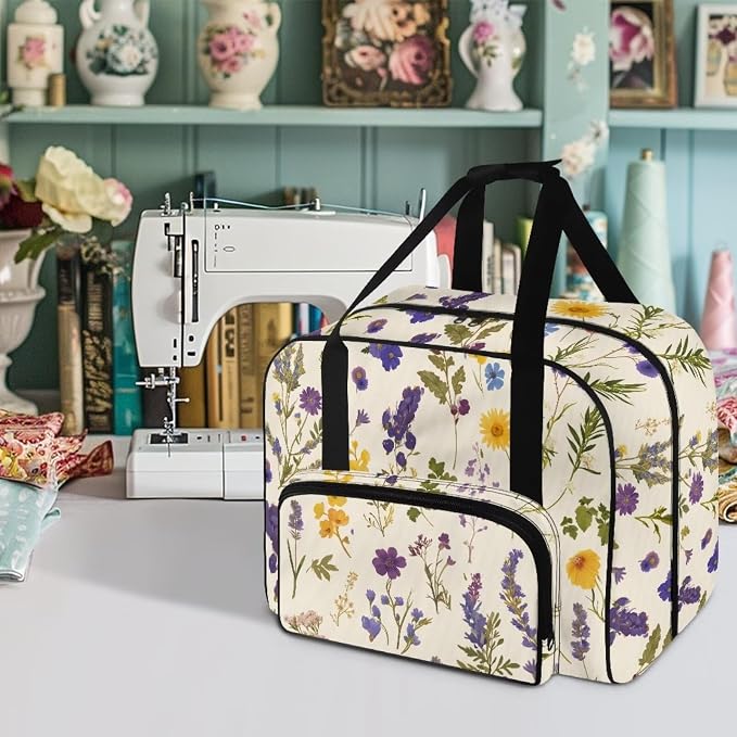 Floral Sewing Machine Carrying Cases Beige Carrying Travel Storage with Storage Pocket Sewing Machine Accessory Organizer Lightweight Sewing Machine Tote Pattern - Image 2