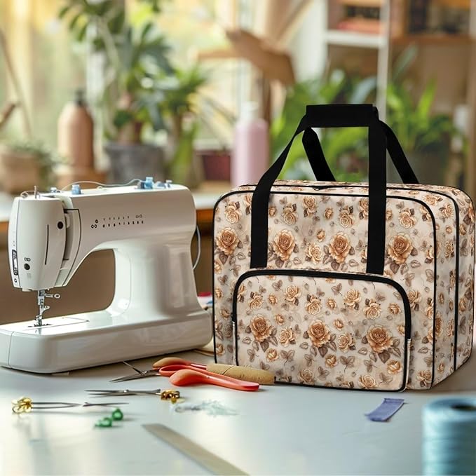 Sewing Machine Dust Bag Portable Travel Tote Bag Large Capacity Sewing Machine Storage Case Universal Versatile Organizer Bag with Handle and Soft Cushion, Retro Rose - Image 4
