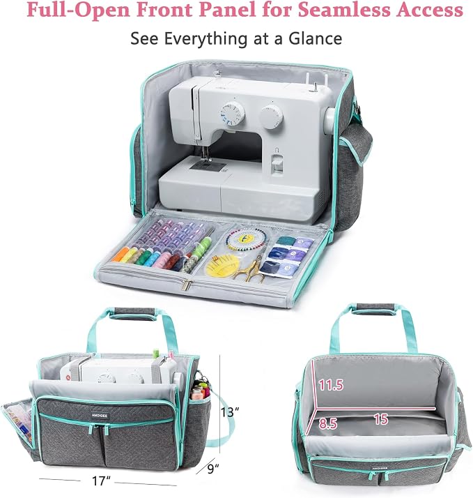 AMOIGEE Full-Open Sewing Machine Case, Large Sewing Machine Storage Bag for Travel - Heavy-Duty Embroidery Tote for Brother Singer Janome Standard Machines Holder with Pocket for Accessories and Tools - Image 2