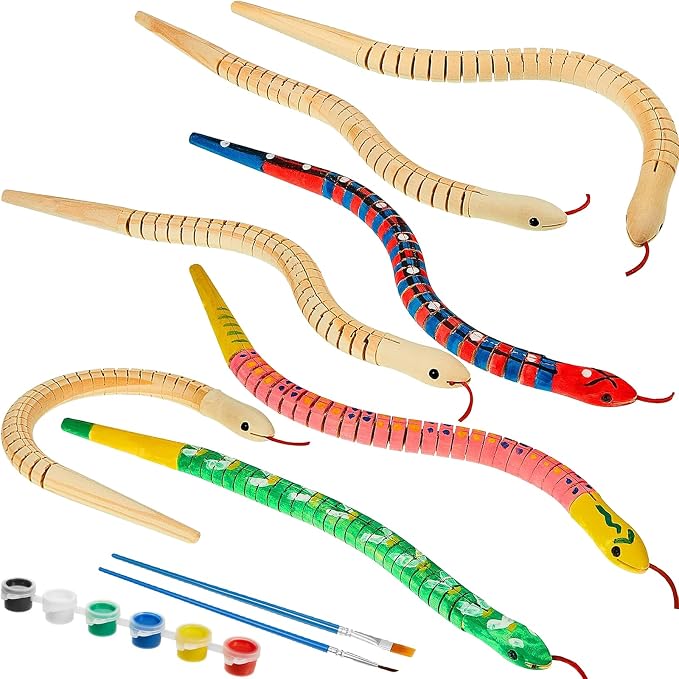 BBTO 120 Pieces Wooden Snake Unfinished Wooden Wiggly Snake Jointed Flexible Wooden Snake with 12 Colors Acrylic Craft Paint and Paint Brush for Arts and Crafts Halloween Party Decoration by BBTO