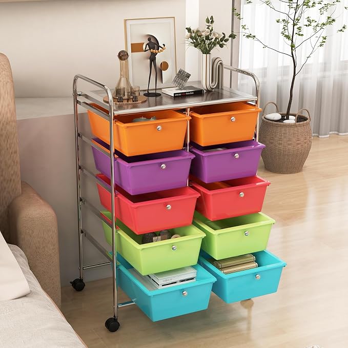 RELAX4LIFE Rolling Storage Cart with 10 Drawers - Craft Storage Cart with Lockable Wheels,Utility Cart, Art Cart Organizer for Crafting Storage, Studio, Office, Home, School Rolling Drawer Cart - Image 8