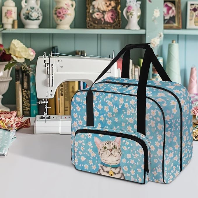 Universal Sewing Machine Storage Bag, Tabby Cat Cherry Blossom Blue - Image 2