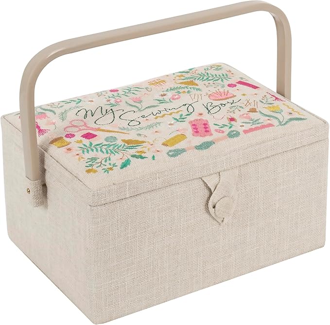 Hobby Gift Medium Sewing Box Organiser | Fabric Covered Storage Box, Handle, Internal Tray, Pin Cushion and Pocket, For Sewing, Quilting and Knitting Supplies by HobbyGift