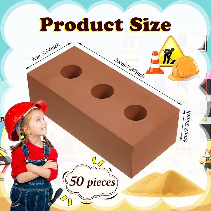 Zhanmai 50 Pack Foam Bricks Building Blocks for Kids Foam Cinder Blocks Large Fake Bricks Toy for Stacking and Construction 8 x 4 x 2.4 Inches(Round) - Image 2