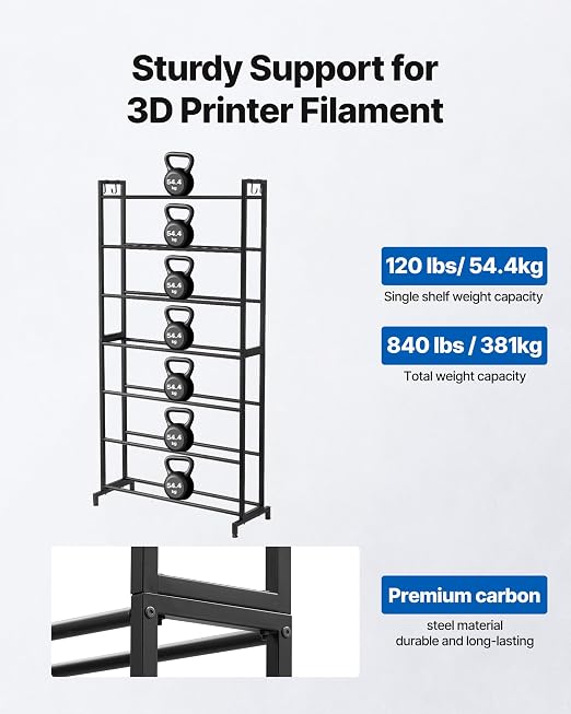 VEVOR 3D Printer Filament Storage Rack, 7 Tier Heavy Duty Storage Shelves for 3D Printing Filaments, Filament Spool Holders Racks for 3D Printing Studio, Home Studio, Office, Workshop (Shelf Only) - Image 2