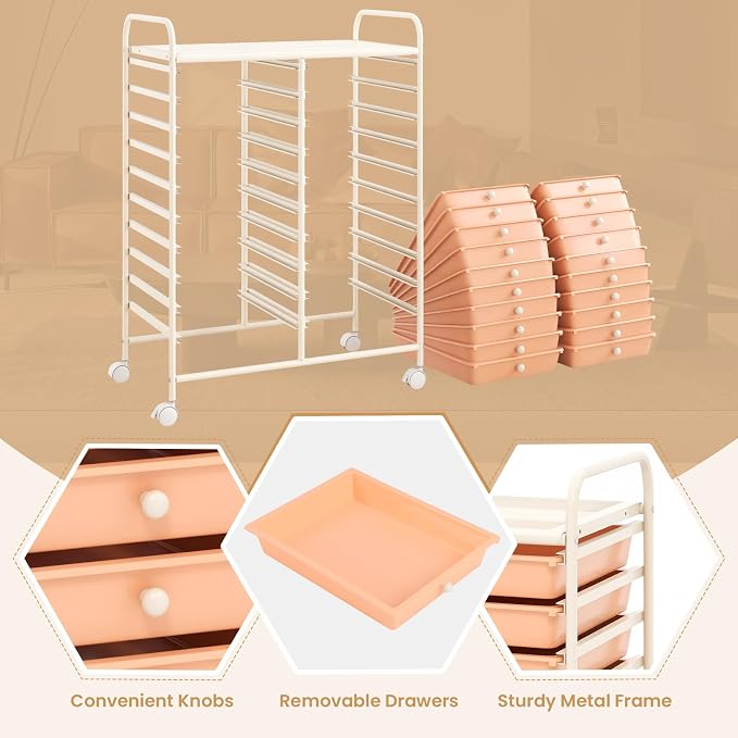DREAMADE Rolling Cart with Storage Drawers, Utility Cart w/Removable Plastic Drawers, Lockable Wheels, Art Cart for Classroom Organization Art Supplies Office Scrapbook (20 Drawers, Peach) - Image 6