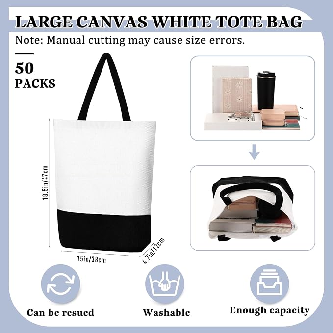 Sieral 50 Pieces Large Canvas Tote Bags Reusable Sublimation Blank Plain Bags Bulk with Zipper for DIY Crafts Shopping Women Teacher(Vertical Large Bag) - Image 2