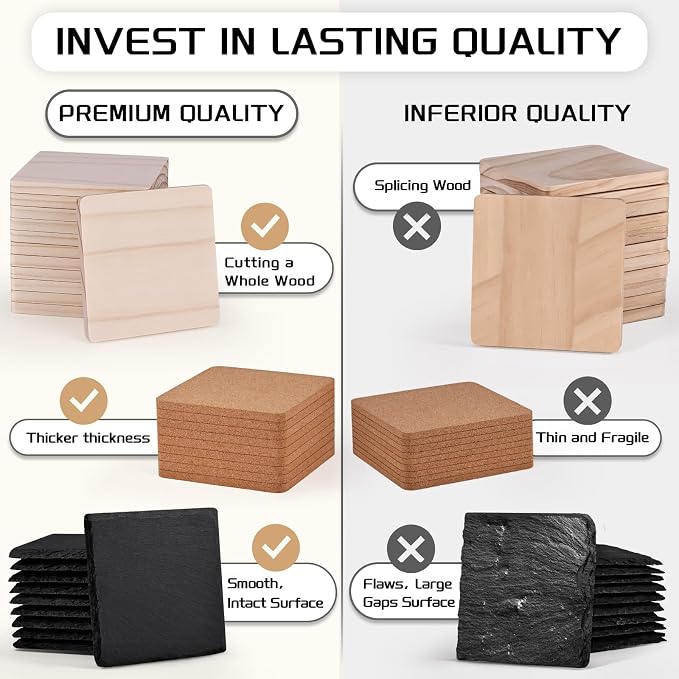 90PCS Square Slate, Cork, Wood Drink Coasters for Laser Engraving | 4 Inch Natural Blank Black Stone, Pine Wood, Cork, 30PCS Each, Engravable Material for Beginners, Gifts, Wedding, Crafts, DIY - Image 4
