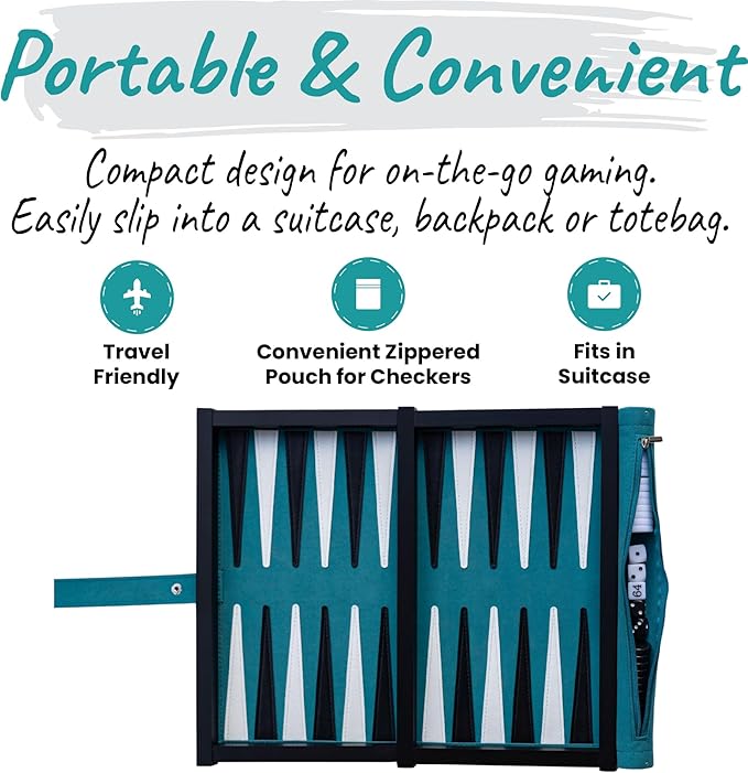 Travel Backgammon Set Deluxe – Roll-Up Board with Magnetic Wooden Frame, Dice Cups and Bag - Unique Travel Backgammon Set for Adults