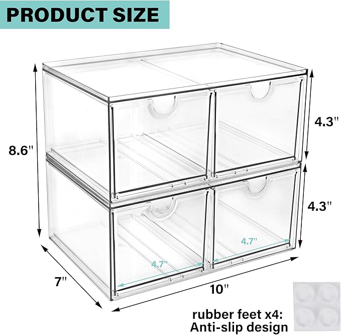 Prsildan Acrylic Storage Drawers Clear Makeup Organizer with 4 Drawers | Transparent, Stackable, For Vanity Bathroom Kitchen Cabinets Office Desk Undersink, Cosmetics Toiletries Home Small Items - Image 3