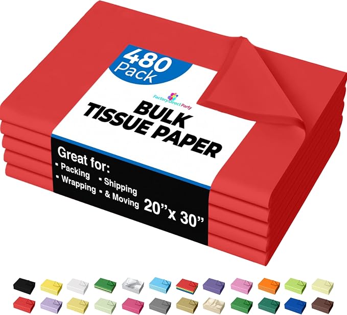 Party Solids Red Tissue Paper for Gift Bags - 20" X 30" Bulk Tissue Paper Red 480 Sheets - 10lb Newsprint for Packing, Birthday Gift Box Filler, Packing Supplies for Moving Supplies by Crown+Display