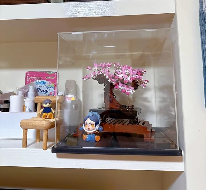 Thickened Clear Acrylic Display Case for Lego 10281 21056 76439 10266 Collectibles, Self-assembly Transparent Box Dustproof Protection with Wood-Plastic Base & String Light, Black Inside 9.8x9.8x9.8in