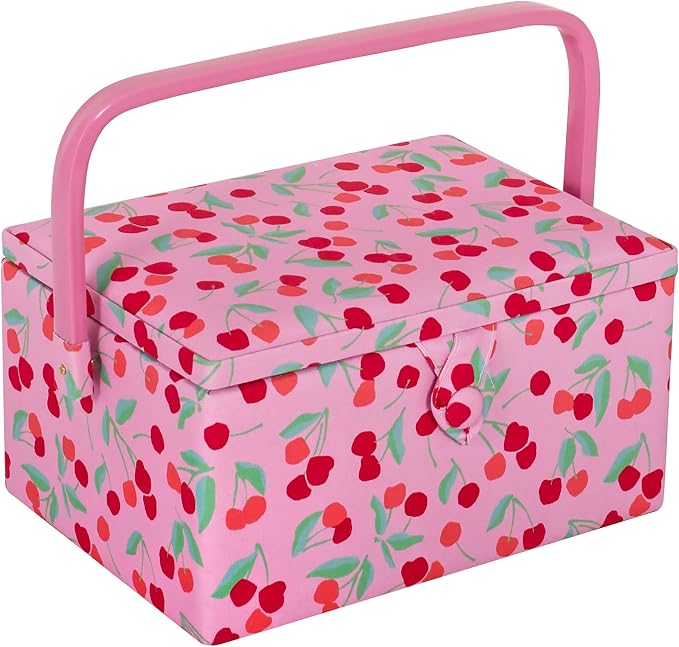 Hobby Gift Medium Sewing Box Organiser | Fabric Covered Storage Box, Handle, Internal Tray, Pin Cushion and Pocket, For Sewing, Quilting and Knitting Supplies by HobbyGift