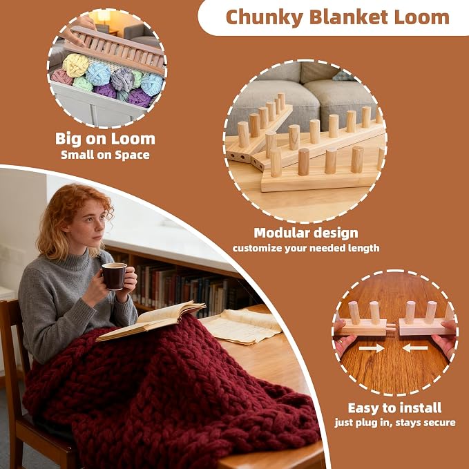 QAMGCYW 75" Chunky Yarn Loom, Beginner Hand Knitting Loom with Detachable Wooden Frame, Adjustable Size No Needles, DIY Blanket Weaving Loom, Premium Wood No Coating - Image 4