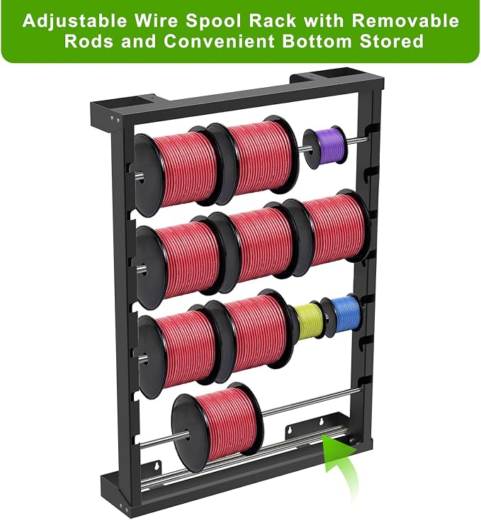 SELEWARE Wall Mount Wire Spool Rack, Cable Dispenser with 6 Adjustable Rods | Heavy Duty Steel Cable Reel Holder, Wire Rack for Industrial, Electrical, and Retail Storage and Display (Black) - Image 3