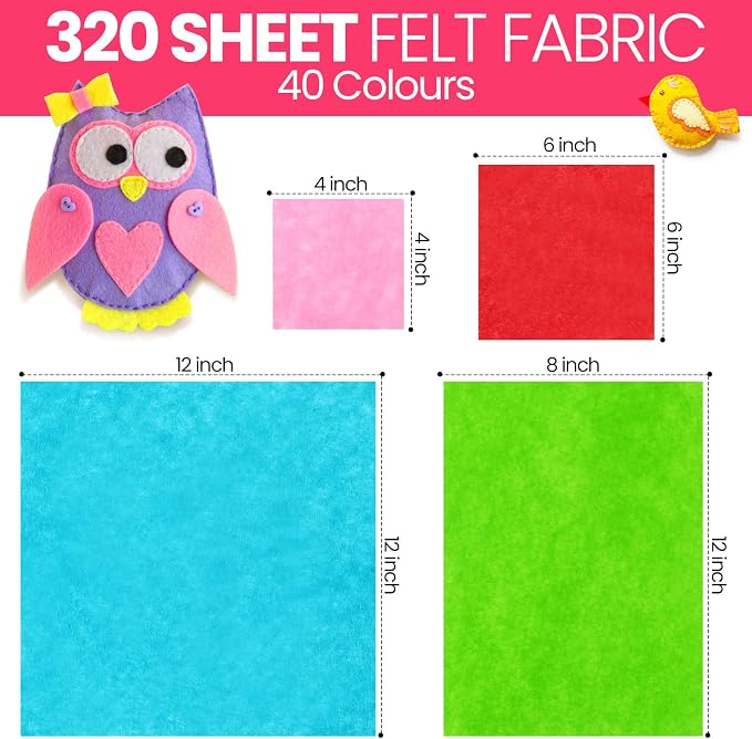 Newwiee 320 Pcs Felt Sheets Craft Kit 4"x 4" + 6"x 6"+ 8"x 12"+ 12"x 12" Sizes Bulk Assorted Colors Sewing Fabric Colored Felt Squares Craft for Kids DIY Patchwork Decoration School Project, 40 Colors - Image 2