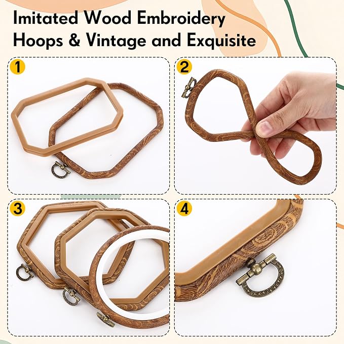 Qunclay 6 Pcs Large Embroidery Hoop Frame Decorative Imitated Wood Display Frame Circle Oval Octagonal Cross Stitch Hoop Ring for DIY Sewing Craft and Hanging Ornaments Decor (Original) - Image 3